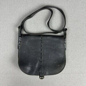Lucky Brand Black/Brown Leather Crossbody Shoulder Bag Flap Saddle Vtg Look